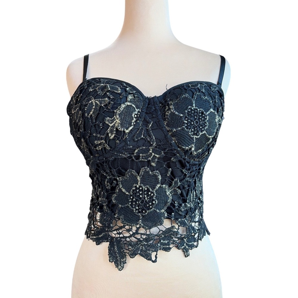 Bebe Whimsygoth Black Gold Lace Floral Corset Crop Top Bustier Adj. Straps M